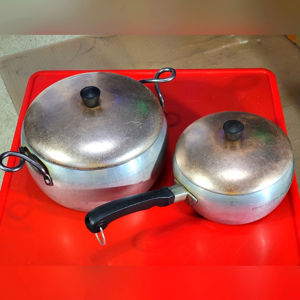 Hallite Aluminum Pots Lids Set 5.5 + 2.5 Qt Pot w Copper Lid Vintage MADE IN USA